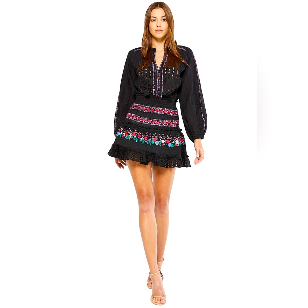 MISA Los Angeles Manuela mini cotton dress embroidered w long sleeves size‎ M